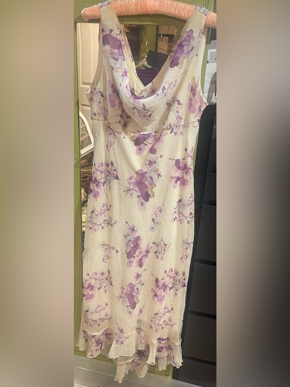 Ivory Floral Cowl Neck Maxi Dress with Lavender Blooms